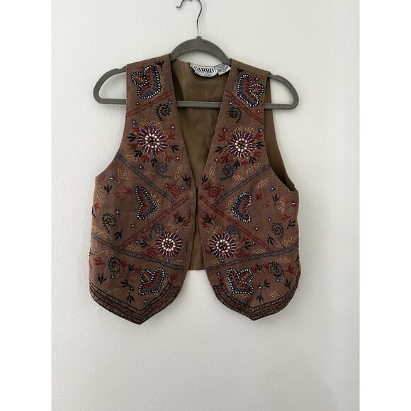 Vintage Garbo Petite Woven Embroidered Boho Western Jute Hemp Vest Hippie PM - Picture 3 of 7